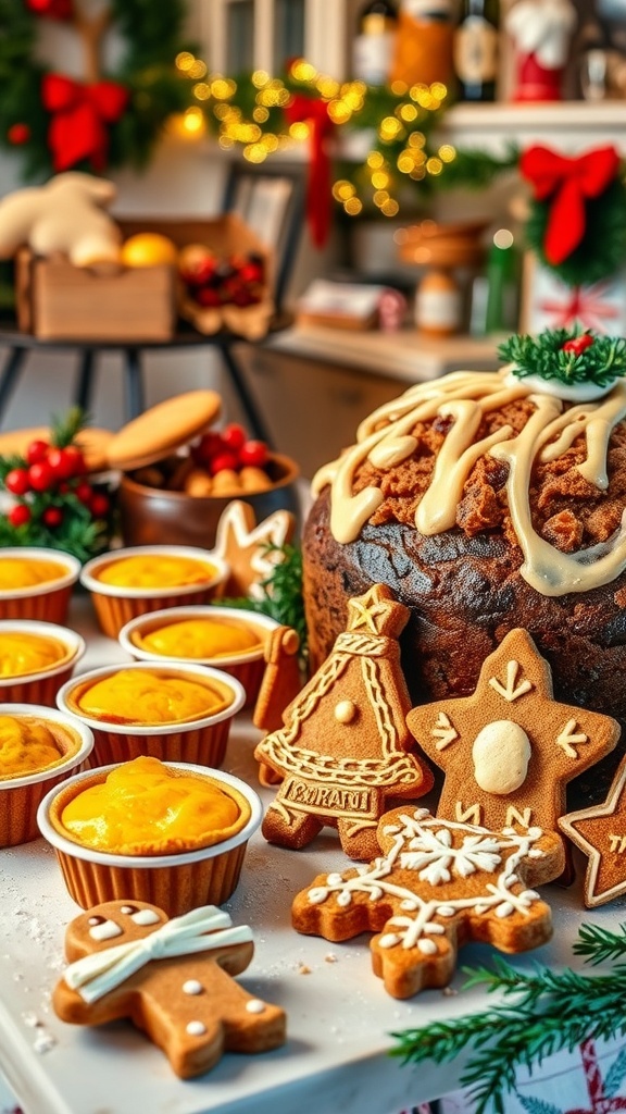 A selection of British Christmas baked goods including mince pies, gingerbread cookies, and Christmas cake on a festive table.